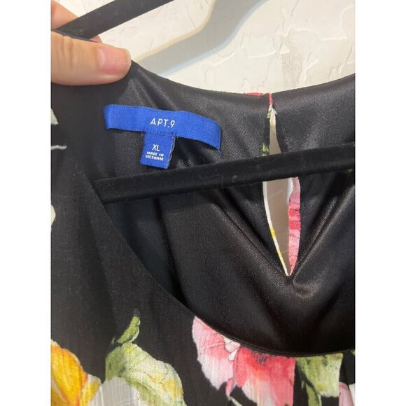 Apt. 9 XL Black Sleeveless Dress Bright Floral Pattern Fit and Flare Lined Belte - Picture 2 of 10